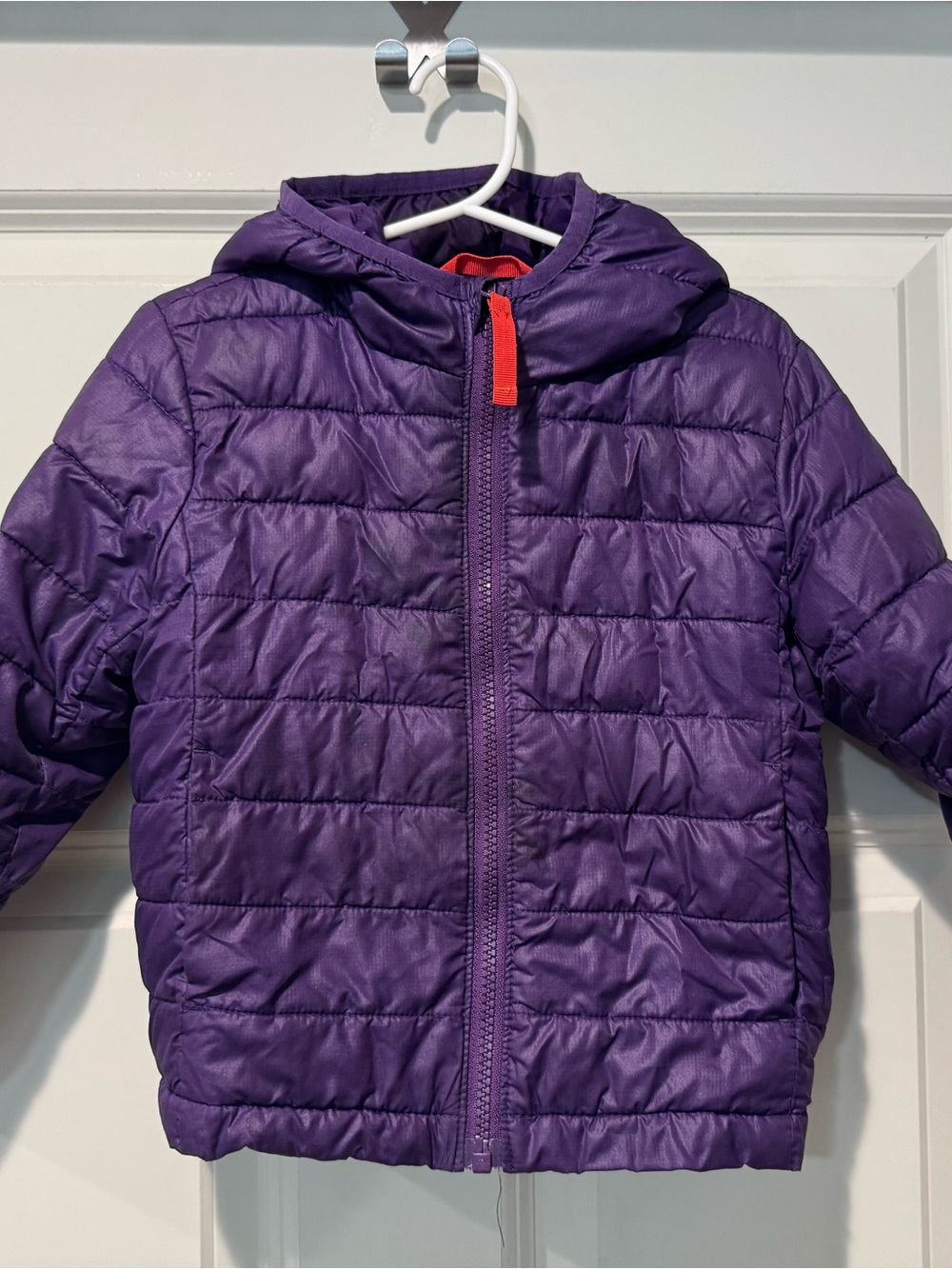 Primary Purple Hooded Puffer Jacket with Red Zip Pull